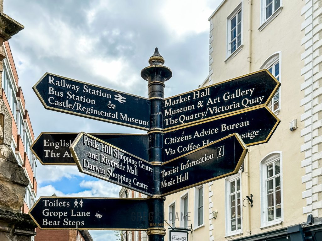 Shrewsbury directional signs pointing to Market Hall, Railway Station, Museum and Art Gallery.